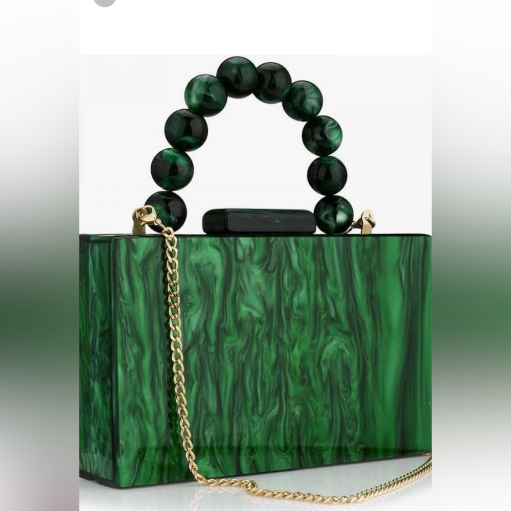 NEW Emerald Green Marble Acrylic Box Clutch with Beaded Handle